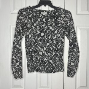 Merona XS Black White Floral Long Sleeve Smocked Blouse